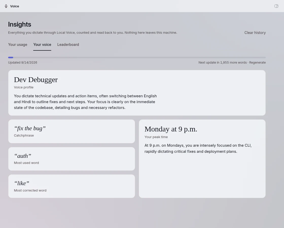The Your voice tab with a generated persona, catchphrase, most used and most corrected word, and peak time.